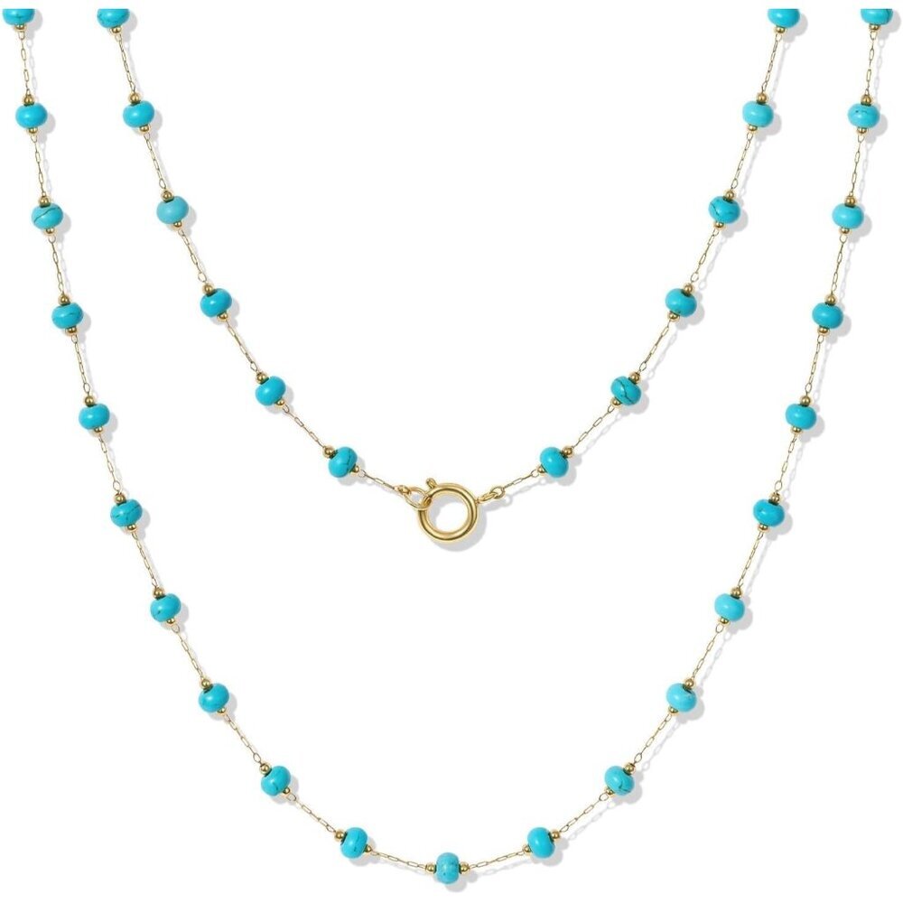 Women's Turquoise Beaded 14K Gold Plated Layered Necklace, Adjustable & Lightwei